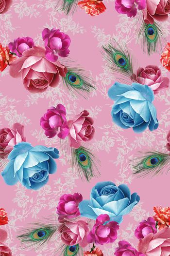 716018-孔雀羽毛玫瑰茶花碎花底纹粉