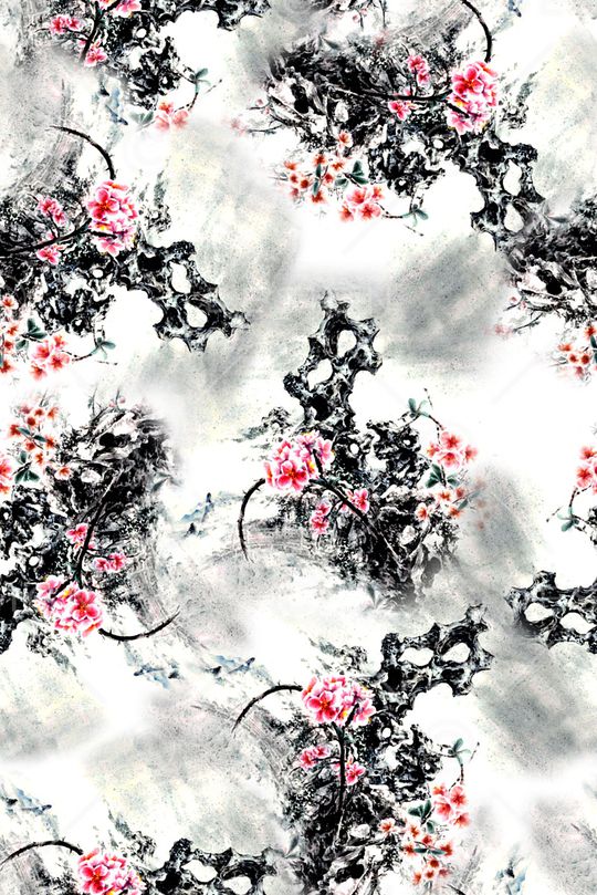 抽象手绘中国风水墨画植物梅花数码印花印花华亿平台图片
