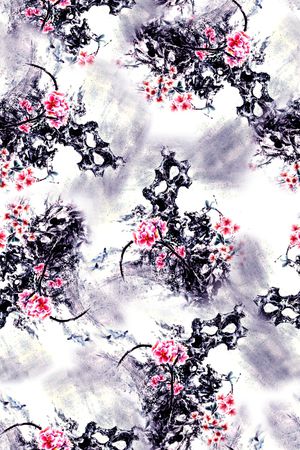 抽象手绘中国风水墨画植物梅花数码印花印花华亿平台图片