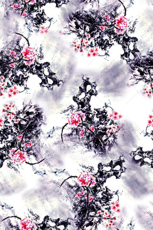 抽象手绘中国风水墨画植物梅花数码印花印花华亿平台图片