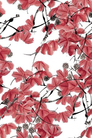 抽象手绘中国风水墨画树叶植物数码印花印花华亿平台图片