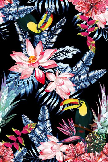 718930-夜热带植物鸟