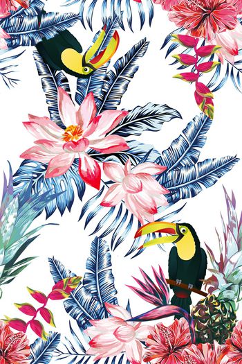 718931-夜热带植物鸟白