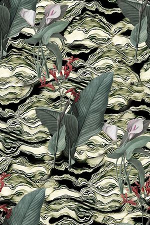 抽象手绘波浪纹理植物花卉数码印花印花华亿平台图片