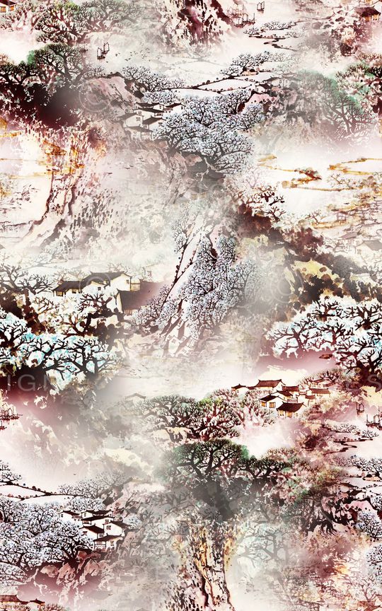 水墨国画印花华亿平台图片