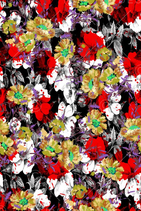 黑色背景花卉印花华亿平台图片