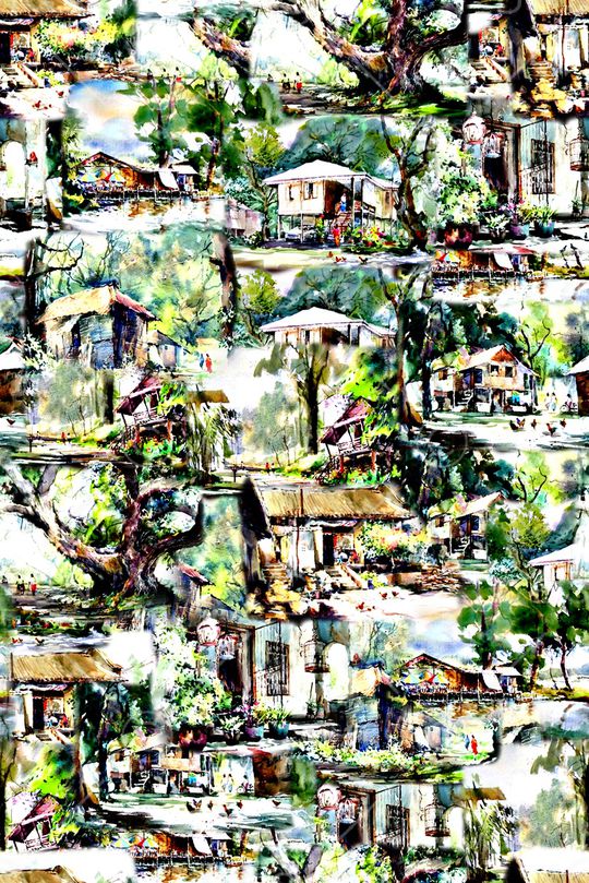 抽象手绘水彩复古房子植物印花印花华亿平台图片