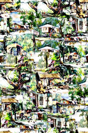 抽象手绘水彩复古房子植物印花印花华亿平台图片