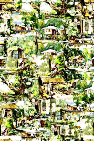 抽象手绘水彩复古房子植物印花印花华亿平台图片