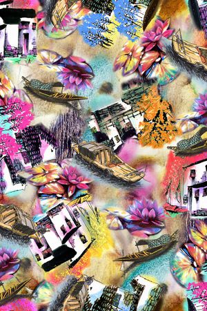 水乡房子印花华亿平台图片