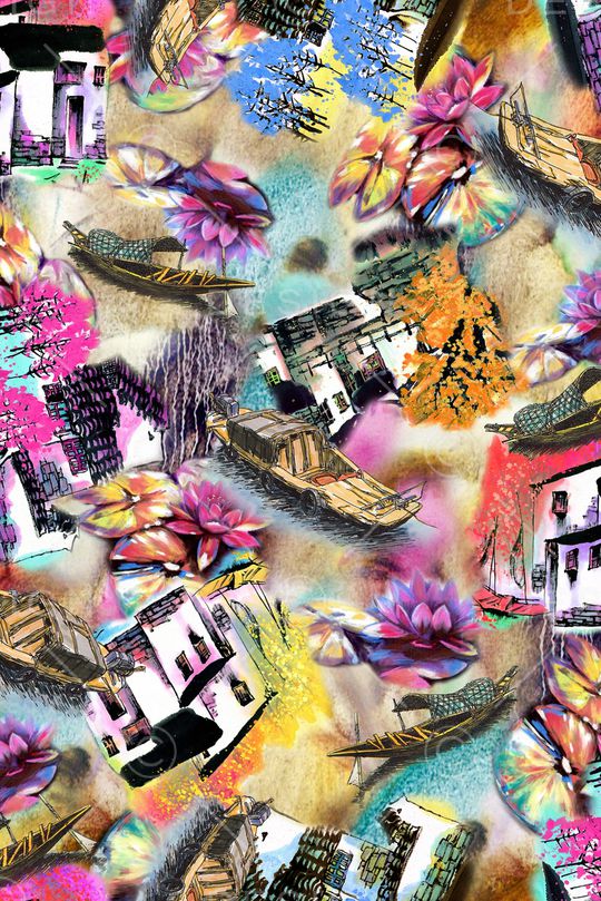 水乡房子印花华亿平台图片