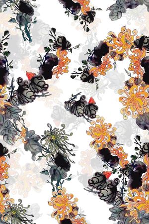 水墨花卉印花华亿平台图片