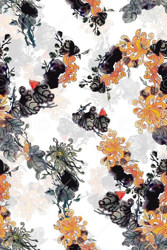 水墨花卉印花华亿平台图片