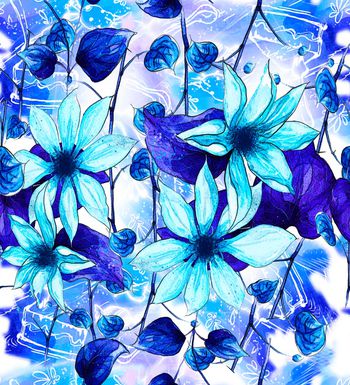 737458-手绘风格静蓝色花卉
