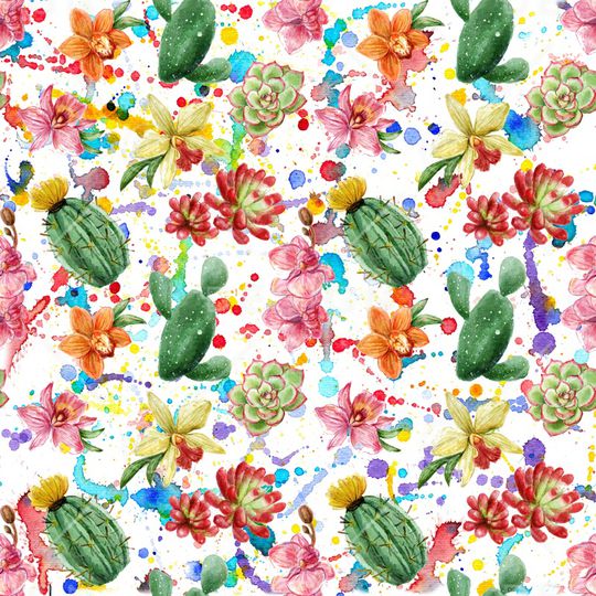 手绘热带花卉仙人掌印花华亿平台图片