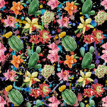 737890-彩墨中国风手绘热带花卉仙人掌（黑）