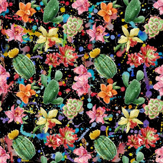 手绘热带花卉仙人掌印花华亿平台图片