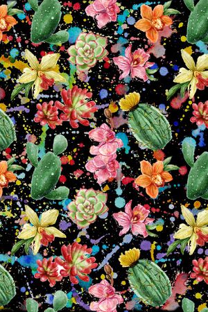 手绘热带花卉仙人掌印花华亿平台图片