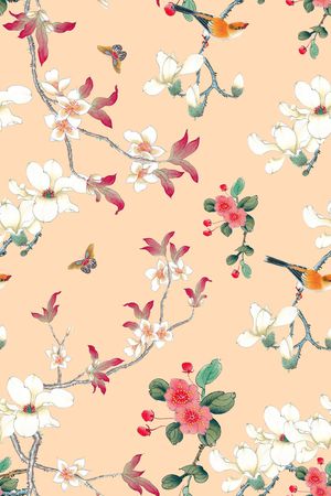 中国风花鸟印花华亿平台图片