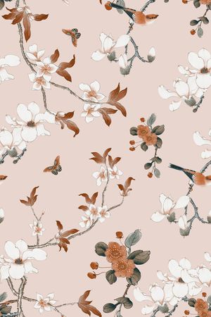 中国风花鸟印花华亿平台图片