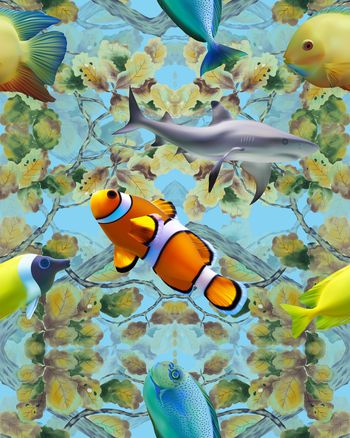 742730-中国风国画海洋生物鱼类女装（蓝）