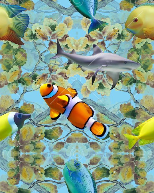 中国风国画海洋生物鱼类女装印花华亿平台图片