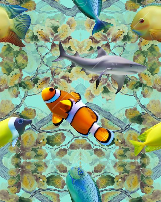 中国风国画海洋生物鱼类女装印花华亿平台图片