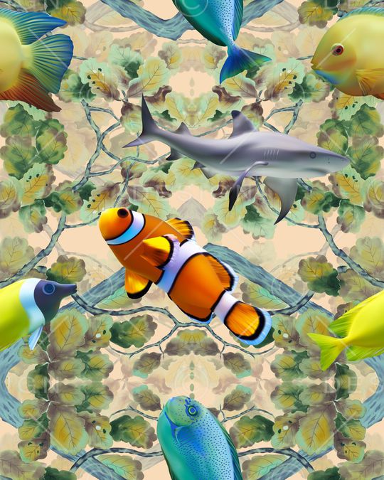 中国风国画海洋生物鱼类女装印花华亿平台图片