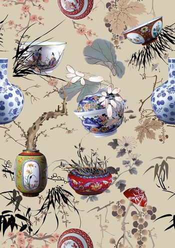 中国风青花瓷国画花卉组合时尚女装印花华亿平台图片