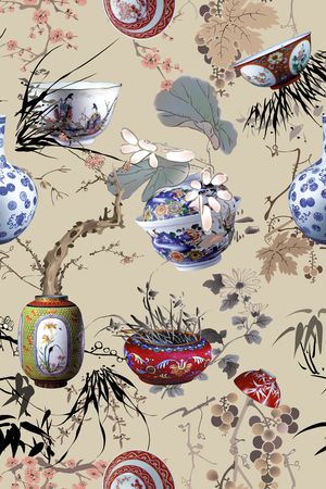 中国风青花瓷国画花卉组合时尚女装印花华亿平台图片