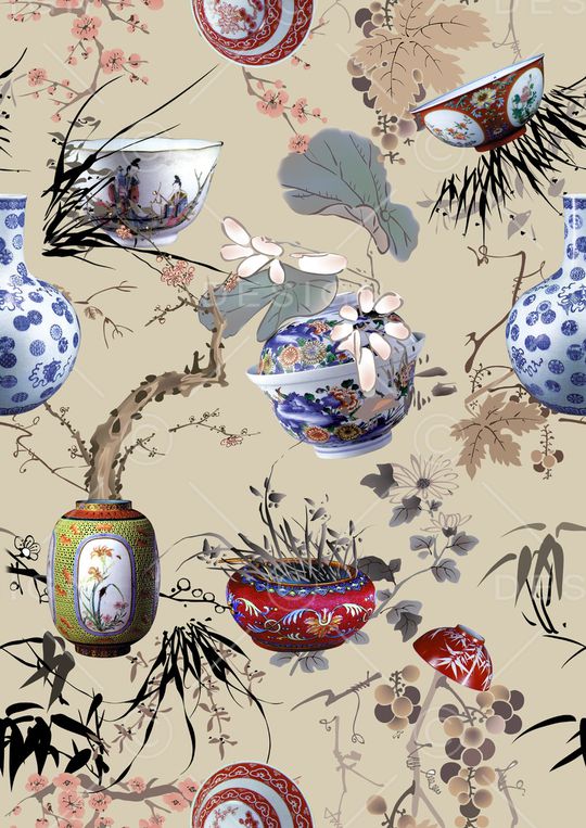 中国风青花瓷国画花卉组合时尚女装印花华亿平台图片