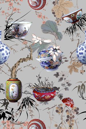 中国风青花瓷国画花卉组合时尚女装印花华亿平台图片