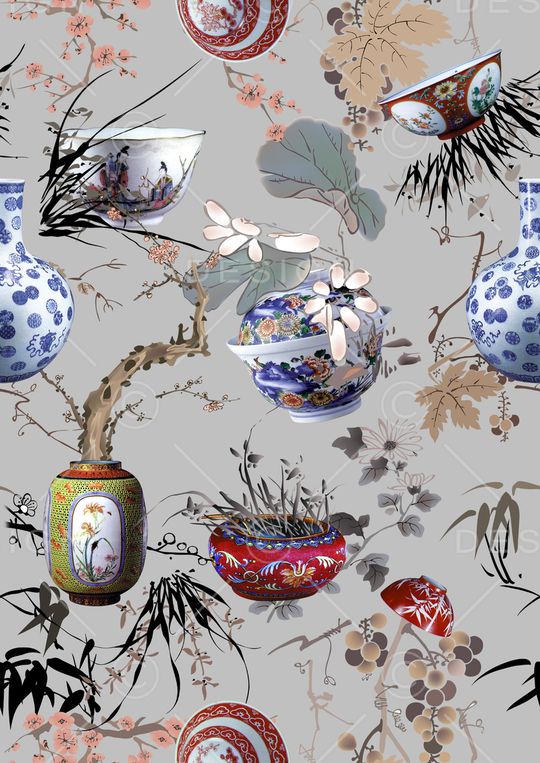 中国风青花瓷国画花卉组合时尚女装印花华亿平台图片