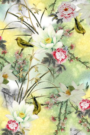 工笔花鸟印花华亿平台图片