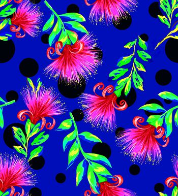 744401-匹印花 波点合欢花 蓝色底