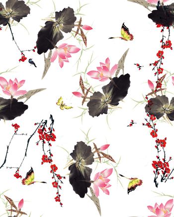 中国风国画水墨写意花卉印花华亿平台图片