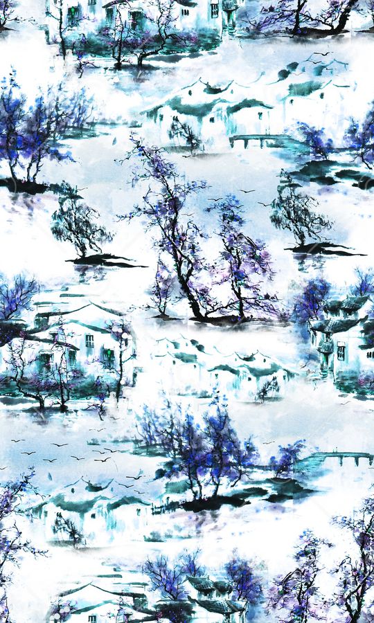 水墨画、国画、江南小镇印花华亿平台图片