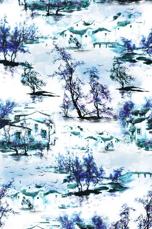 水墨画、国画、江南小镇印花华亿平台图片