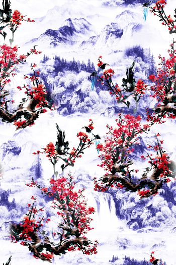 752383-中国风 水墨 山水 复古 梅花 旗