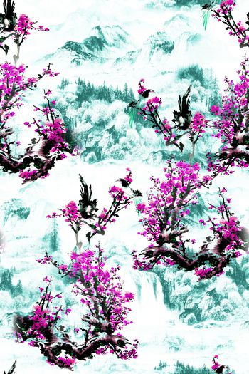 752384-中国风 水墨 山水 复古 梅花 旗