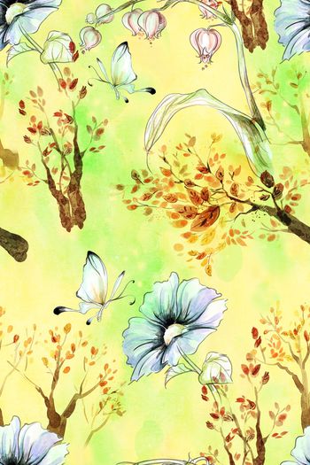 755293-手绘 水彩 花朵 蝴蝶 树 121