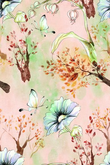 755294-手绘 水彩 花朵 蝴蝶 树 121