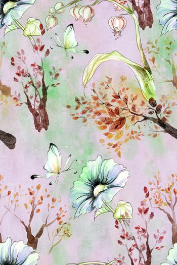 755295-手绘 水彩 花朵 蝴蝶 树 121