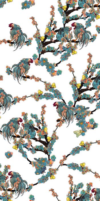 生肖鸡树枝花卉印花华亿平台图片