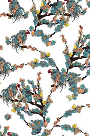 生肖鸡树枝花卉印花华亿平台图片