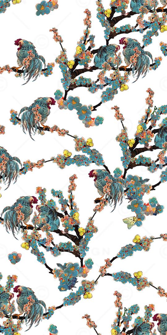 生肖鸡树枝花卉印花华亿平台图片