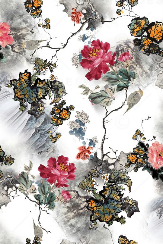 工笔牡丹印花华亿平台图片