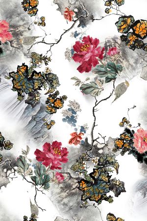 工笔牡丹印花华亿平台图片