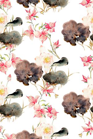 抽象手绘水彩画植物荷花花卉民族风数码印花印花华亿平台图片