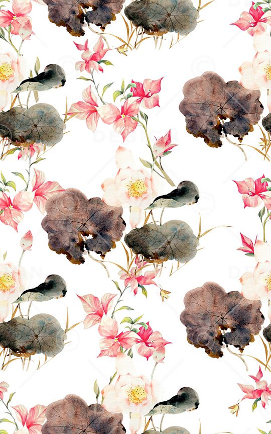 抽象手绘水彩画植物荷花花卉民族风数码印花印花华亿平台图片